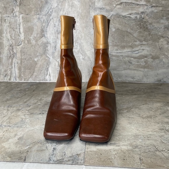 Vintage 90s 1990s Faux Brown Tan leather block chunky heel boots 8 Square toe - Picture 5 of 5